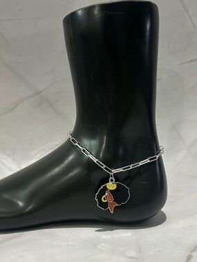 Silver Chain Anklet with Afro Woman Crown Charm - Black, Brown, Yellow